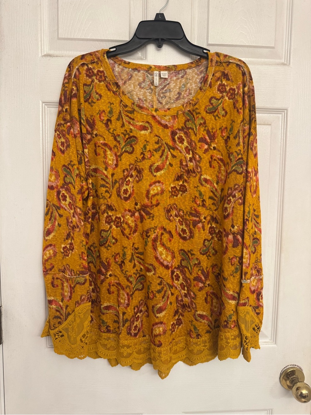 Cato Mustard Paisley Lace-Hem Long Sleeve Top